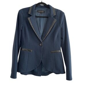 Nanette Lepore Navy Teal Micro Dot Leather Trim Blazer Jacket 6 USA